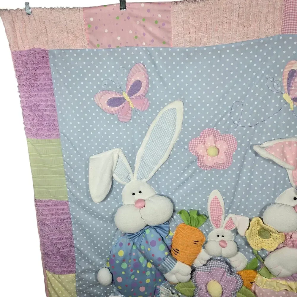 Vintage Quilted Bunny Rabbit Nursery Blanket Puffy 3D Applique Pastel Blue Pink
